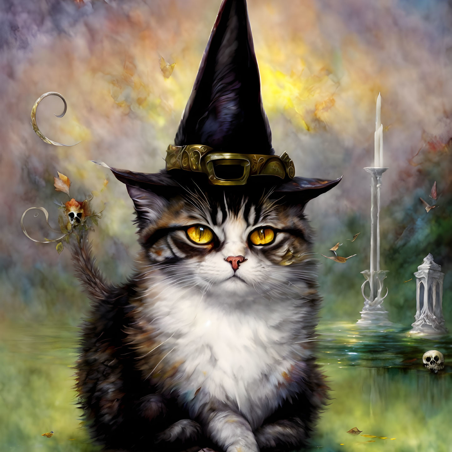 Fluffy Cat in Witch Hat on Colorful Mystical Background