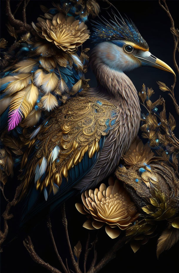 Intricate golden feathered bird with floral patterns on dark background