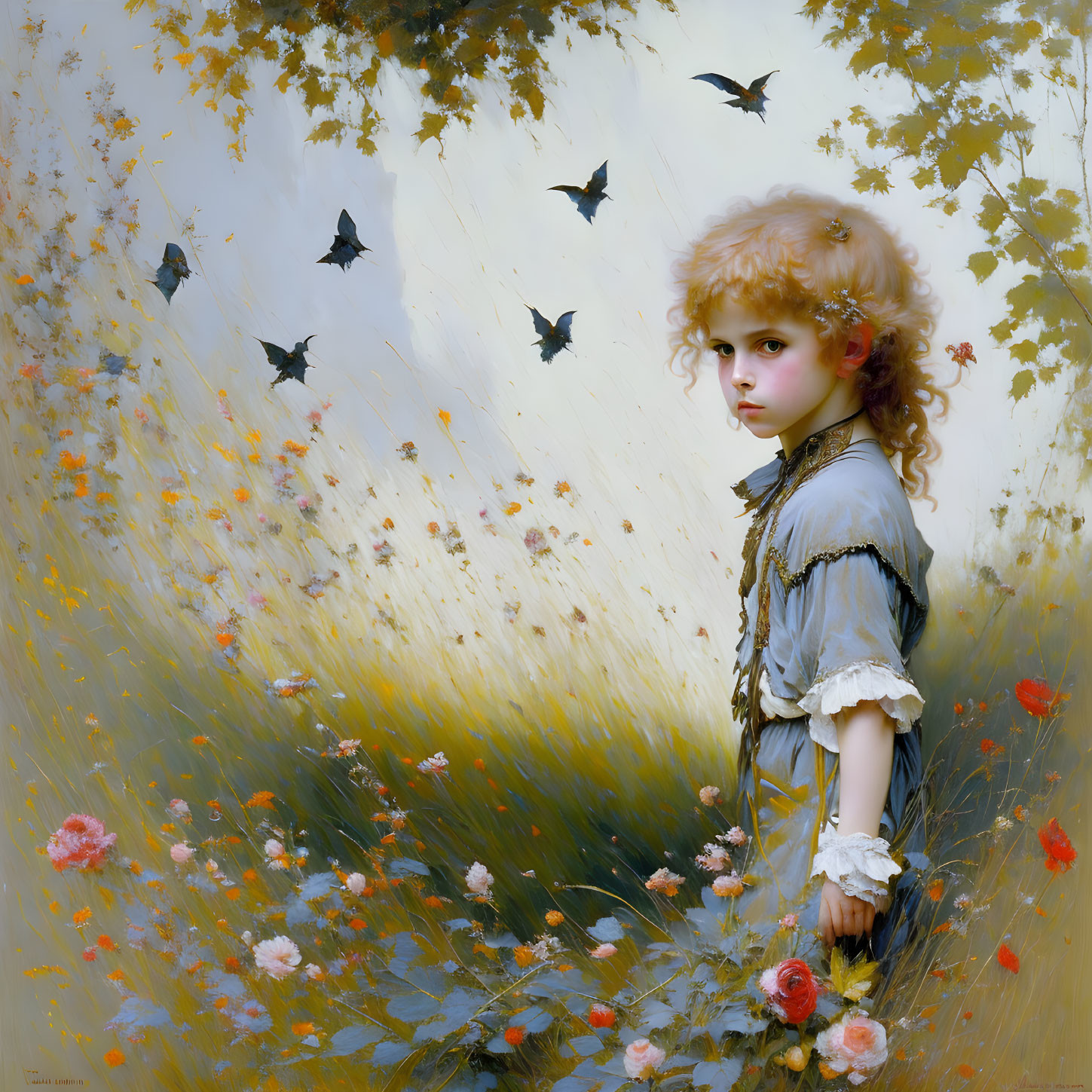 Young girl in vintage dress surrounded by floral field and birds in dreamlike painting.