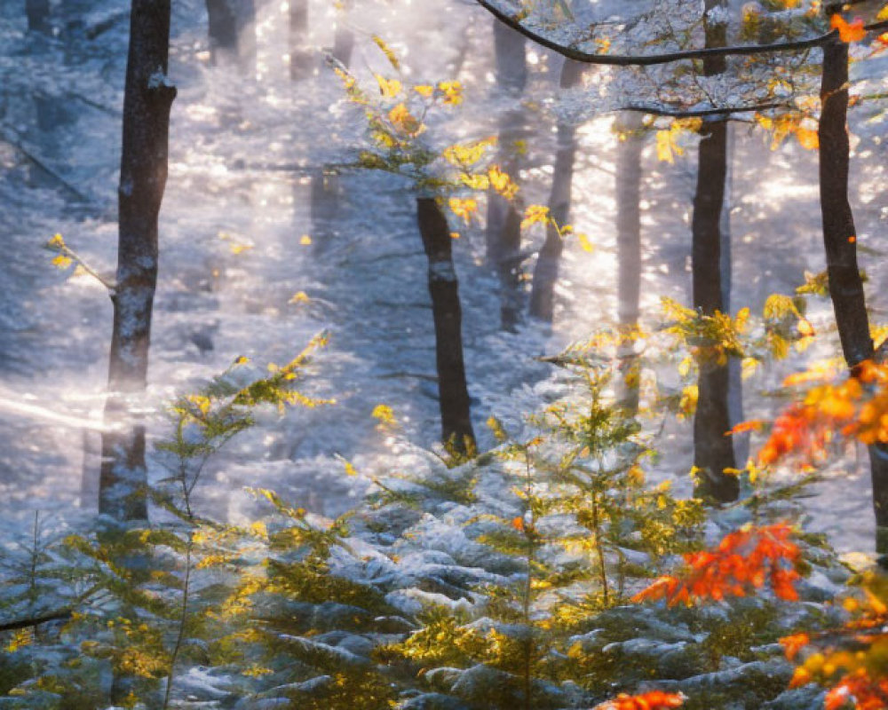 Misty forest scene with young evergreen trees and autumn leaves