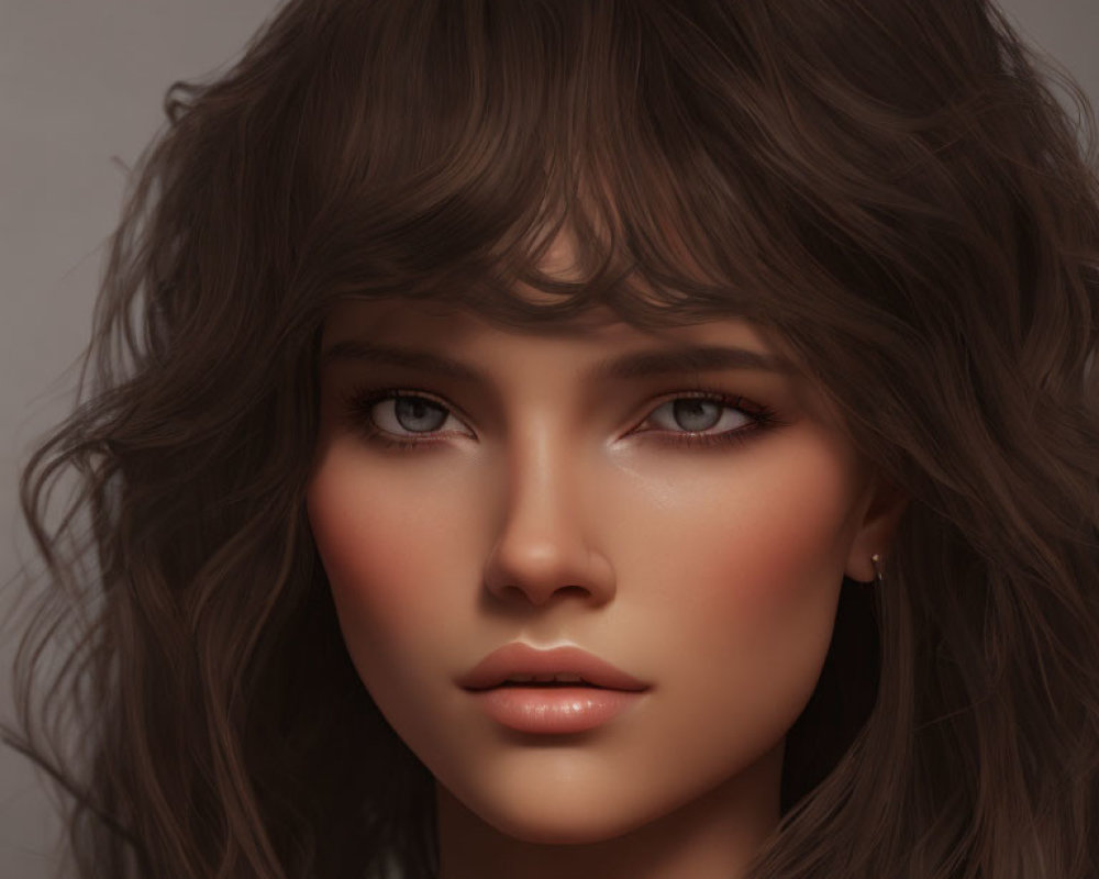 Young woman digital portrait with tousled brown hair and blue eyes