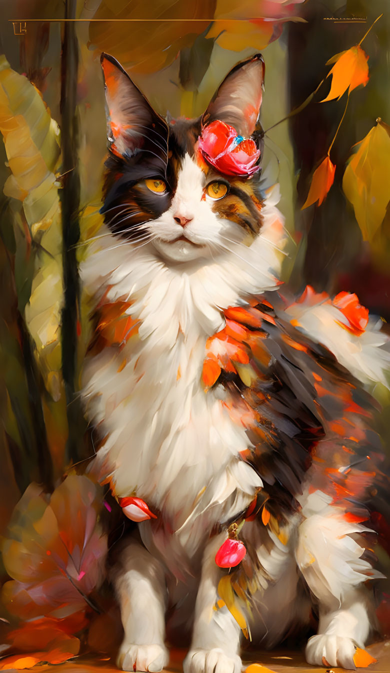 Calico Cat in Autumn Scene with Falling Leaves