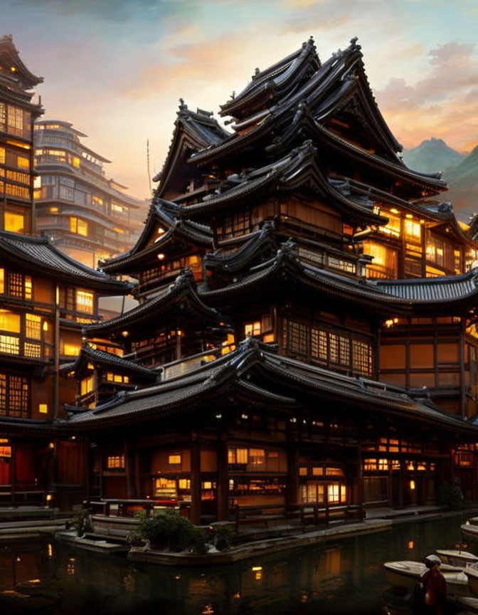 Historic wooden buildings by river at twilight with illuminated windows and boat