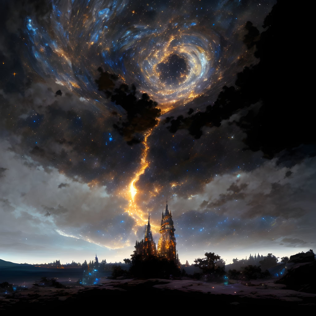 Swirling galaxy illuminates glowing castle in night sky