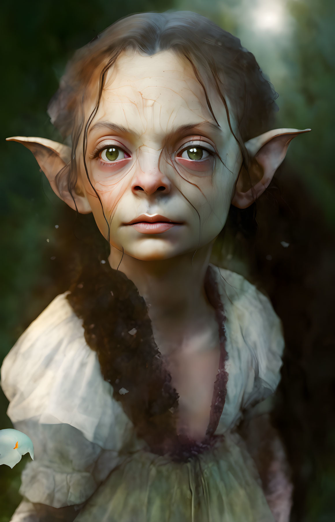 Fantasy creature with pointed ears and expressive eyes in forest setting