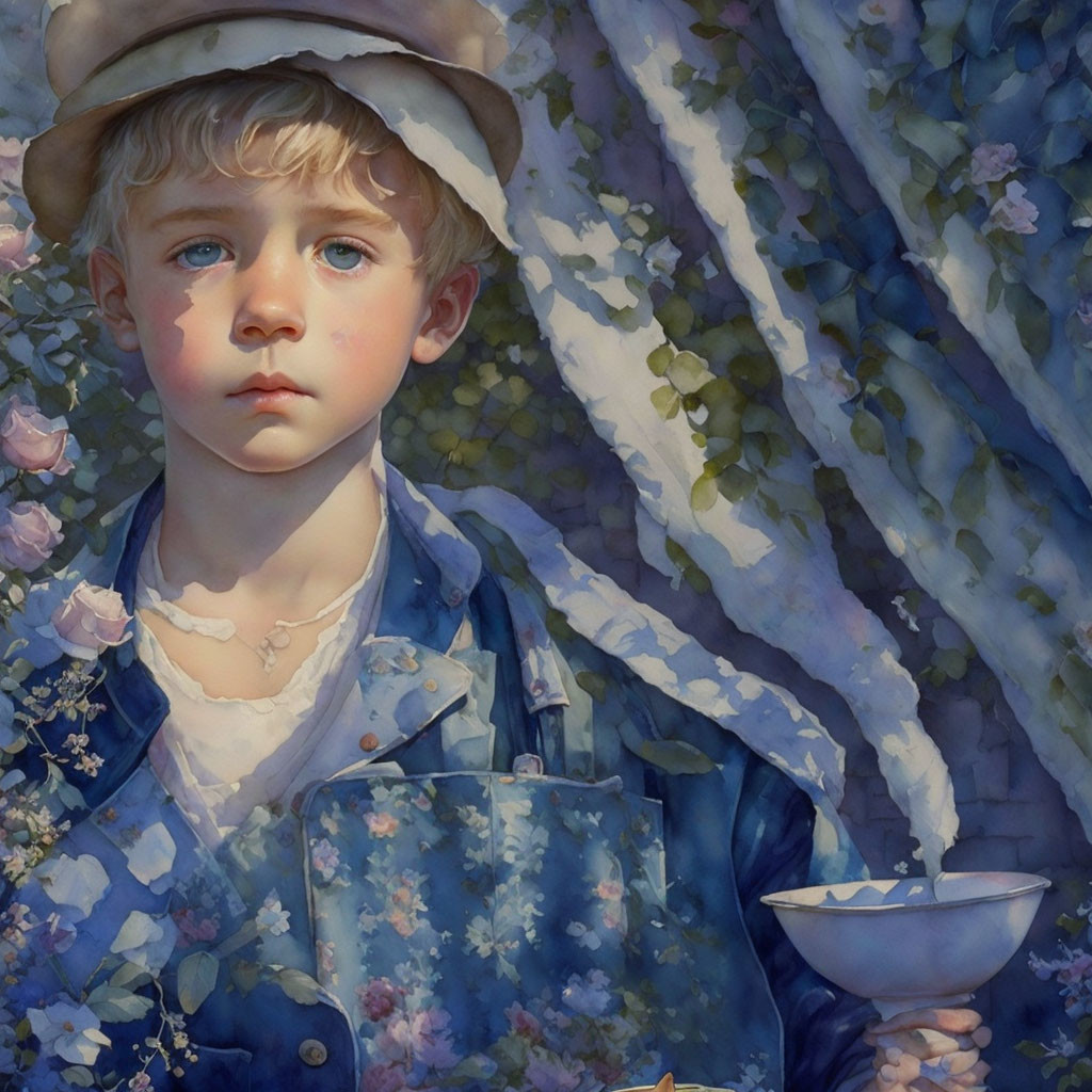 Blue-eyed child in hat and denim holding bowl, set against floral backdrop of blue flowers and green leaves