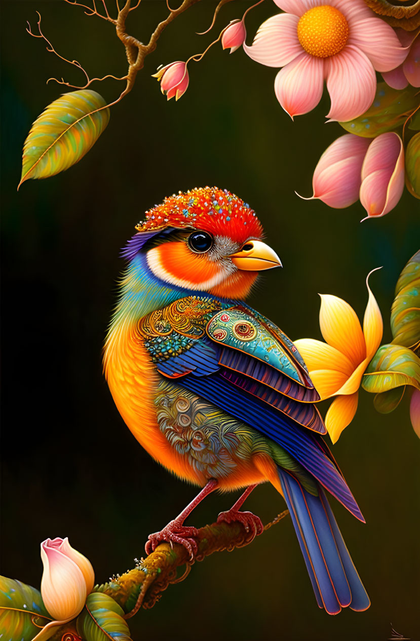 Colorful bird with intricate patterns perched among pink and yellow blossoms on dark background