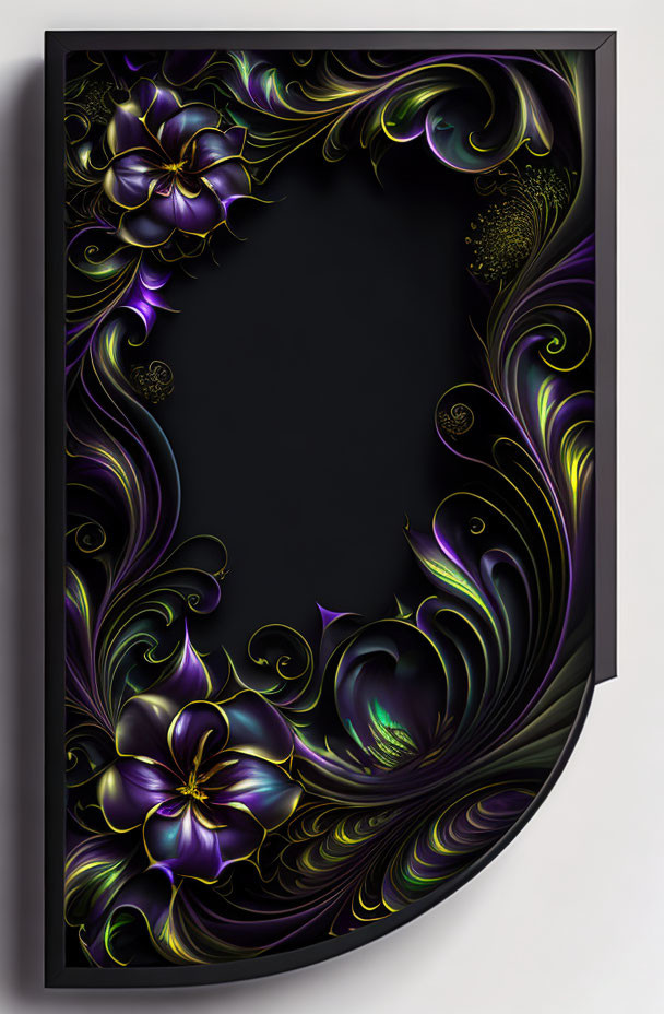 Fractal art with metallic flowers in purple, gold, and green hues