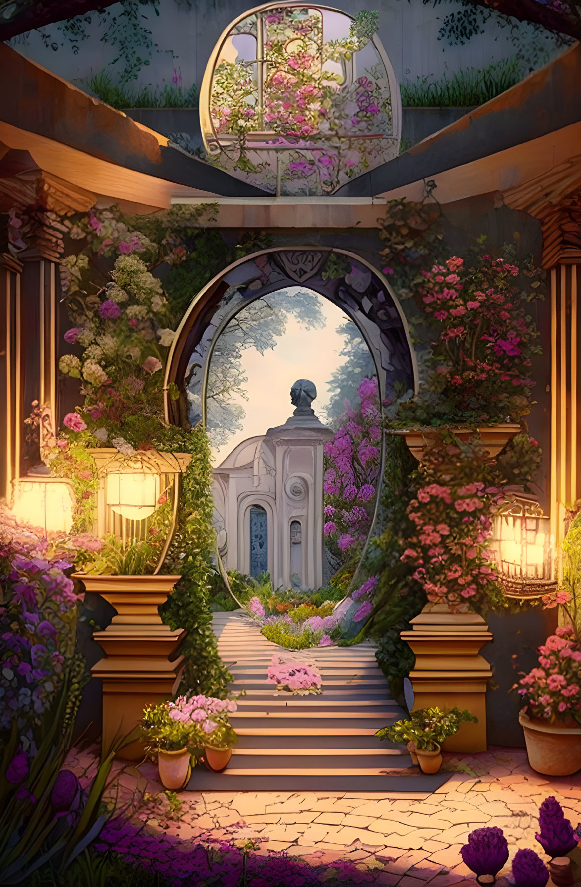Enchanting garden scene with archway, statue, building, flowers, plants, and lanterns