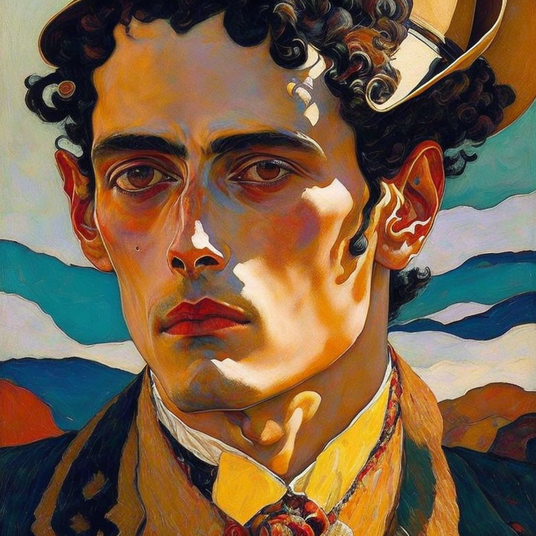 Intense-eyed man in colorful attire against stylized landscape