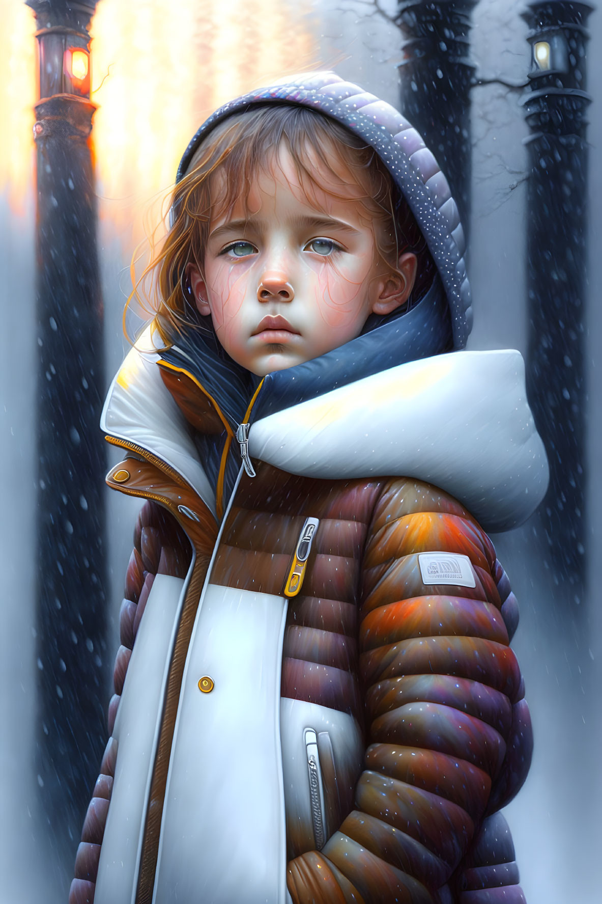 Child in warm winter coat under snowfall with glowing street lamps