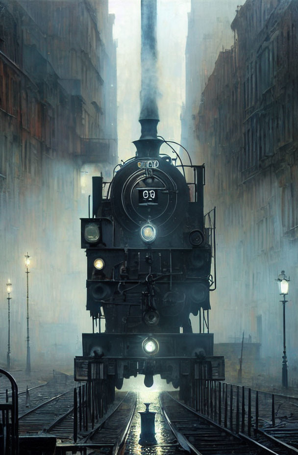 Vintage steam locomotive in misty urban scene with illuminated tracks