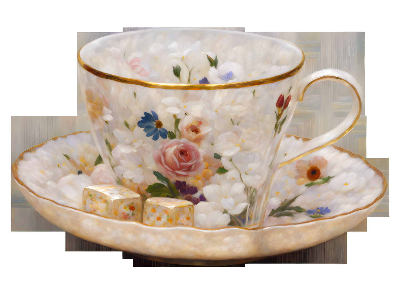 Floral Pattern Porcelain Teacup and Saucer with Gold Trim