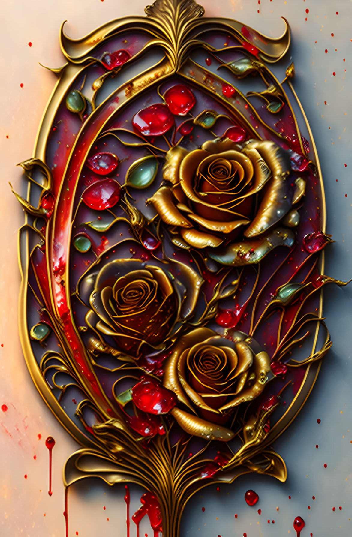 Golden Frame with Stylized Roses & Red Gemstones on Textured Background