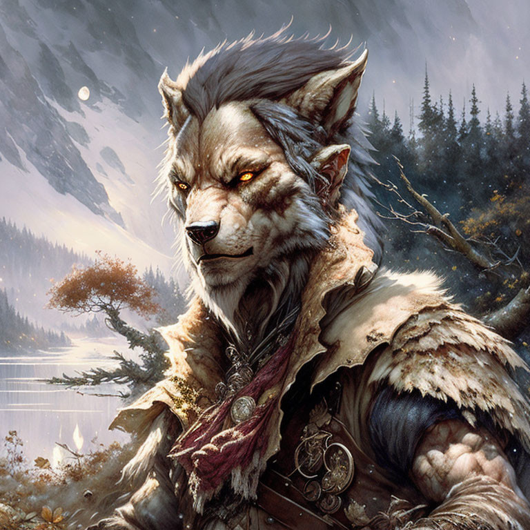 Anthropomorphic wolf with glowing eyes in misty forest landscape