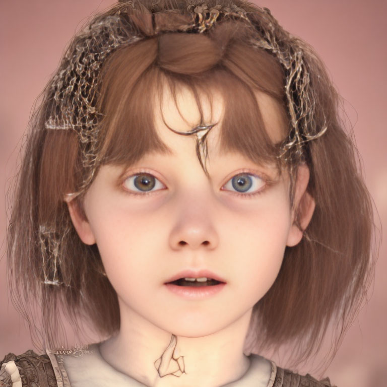 Digital artwork featuring a young girl with blue eyes, brown hair, twig crown, and leaf pendant