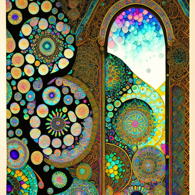 Colorful Digital Artwork with Mandala Designs & Stained Glass Motifs