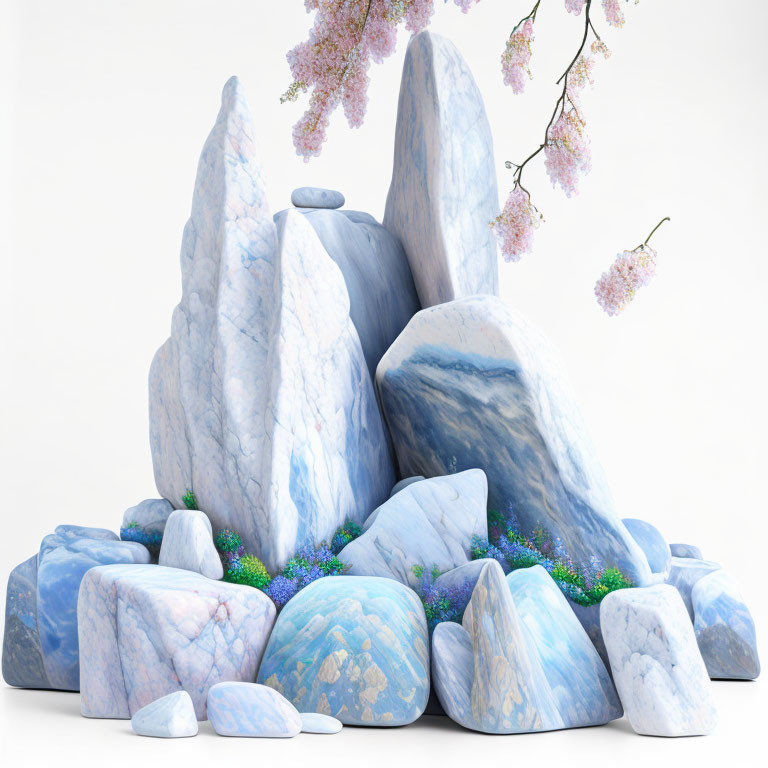 Tranquil Blue Rock Garden with Moss and Pink Flowers