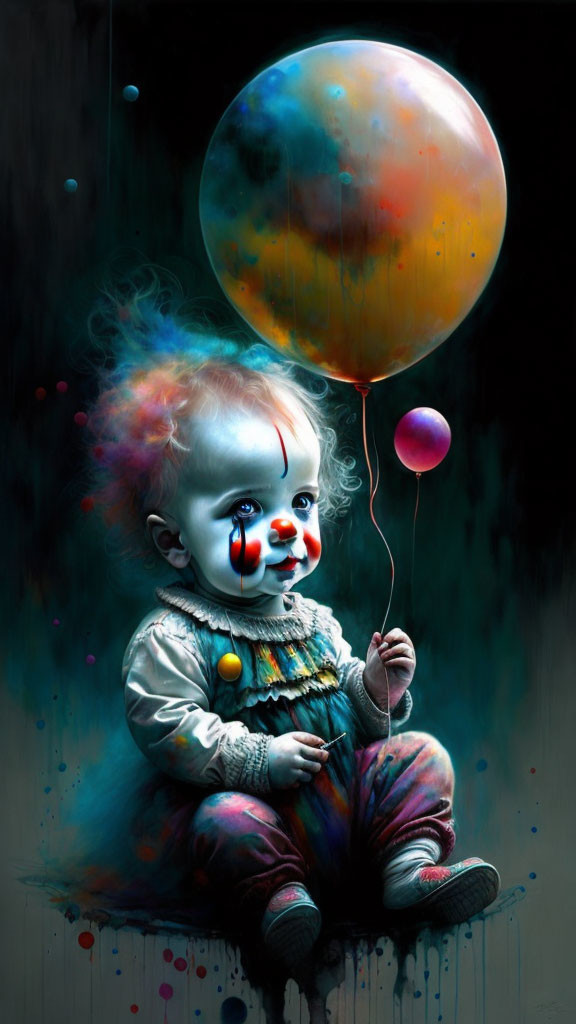 Colorful toddler with clown makeup holding balloons on dark background