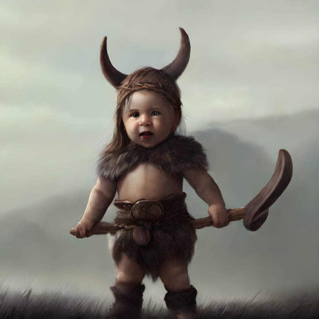 Baby in Viking costume with horned helmet and toy axe in misty mountain scenery