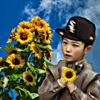 Elderly Man Holding Sunflower with Bouquet and Blue Flower on Blue Background