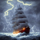 Sailing ship with white sails in turbulent sea under night sky