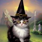 Fluffy Cat in Witch Hat on Colorful Mystical Background