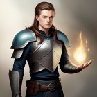 Fantasy warrior digital art: stern-faced, braided hair, silver armor, flame hand.