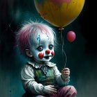 Colorful toddler with clown makeup holding balloons on dark background