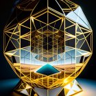 Glowing geometric structure with golden frames on dark starry background