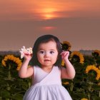 Curly-Haired Girl in Floral Dress Surrounded by Sunflowers at Sunset