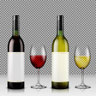 Elegant wine bottles, filled glasses on patterned backdrop