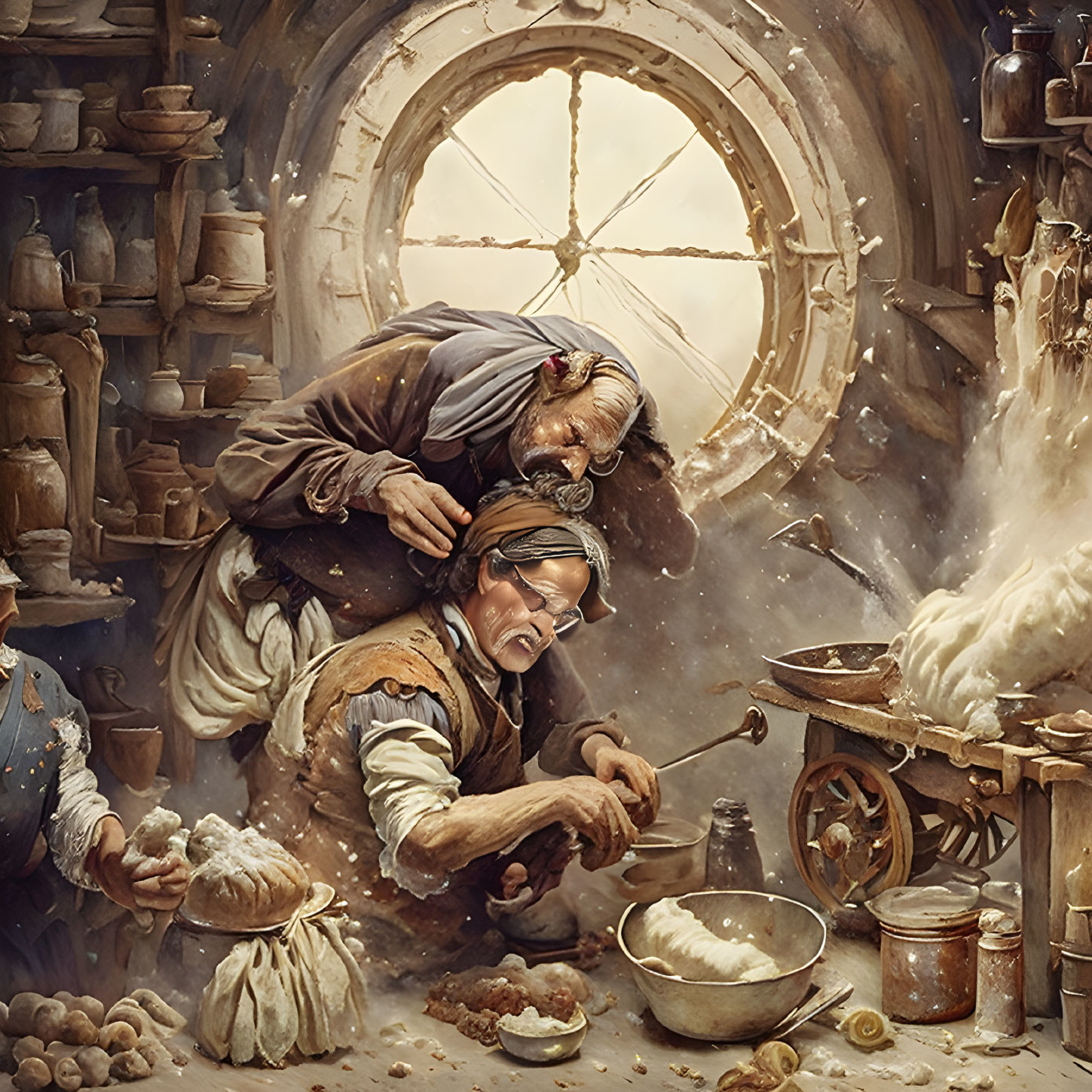 Elderly man and younger person cooking in rustic kitchen