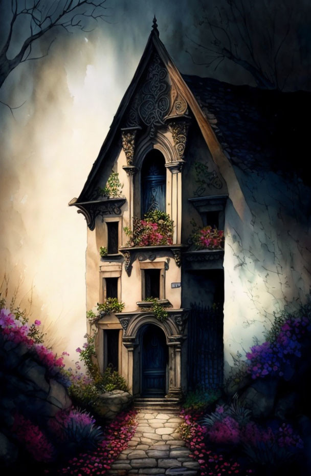 Illustration of narrow, towering Gothic house with colorful flowers in misty setting