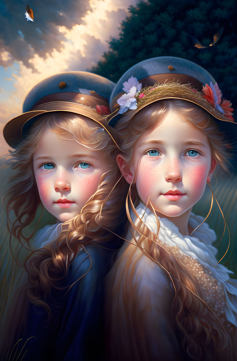 Two young girls with blue eyes and wavy hair in a floral setting.