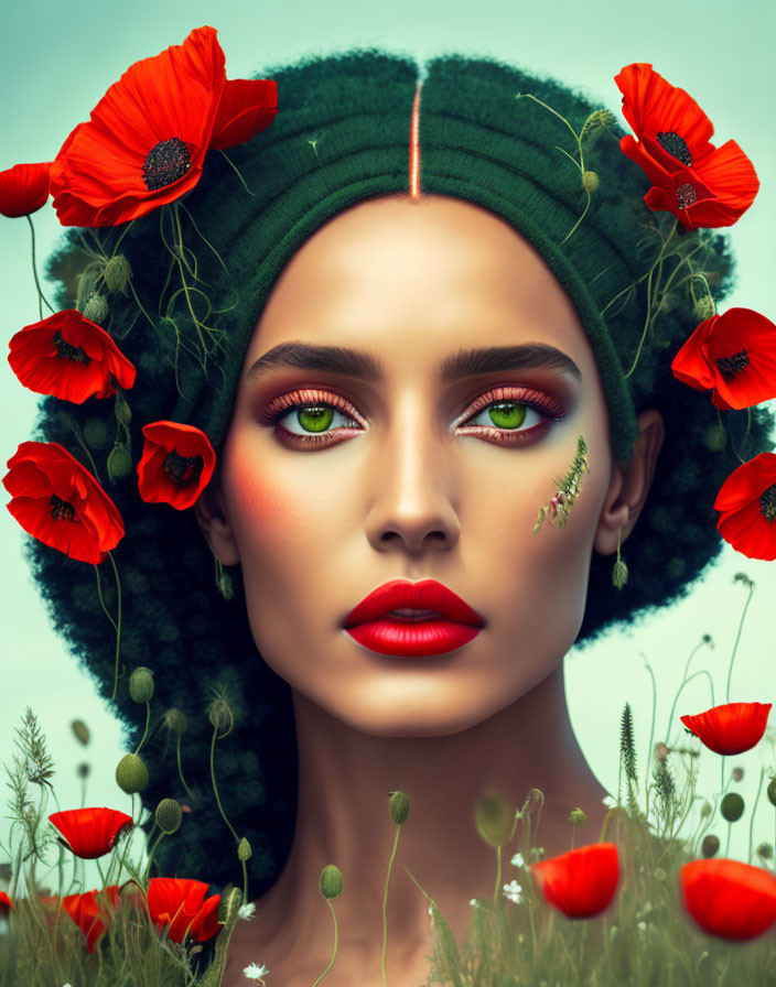 Woman with Green Eye Makeup and Red Lips Surrounded by Poppies