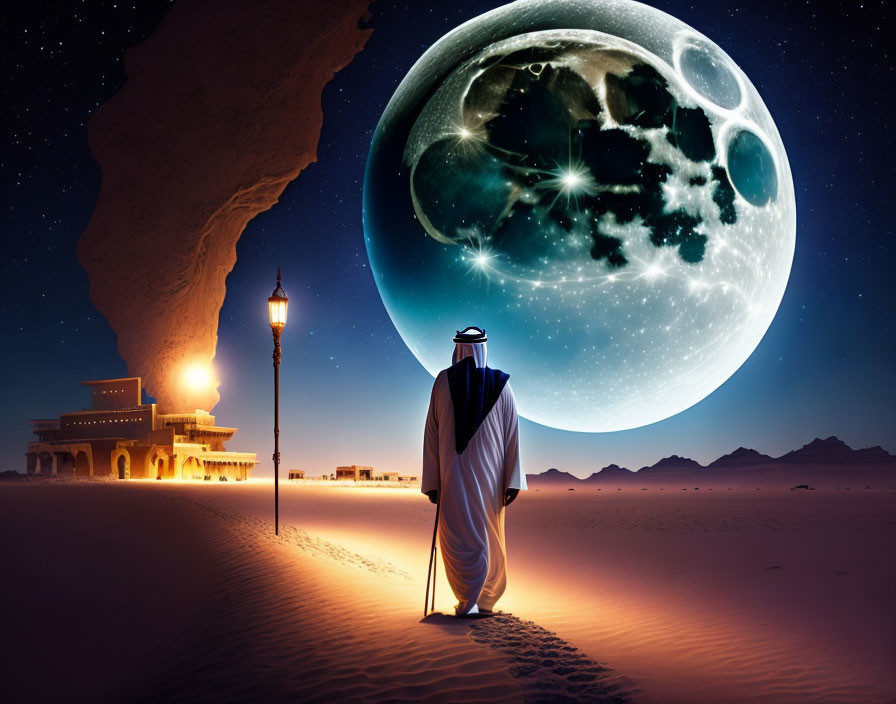 Traditional attire figure admires huge moon in desert landscape with lantern and buildings.