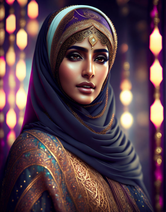 Detailed illustration of woman in hijab with jewelry and luminous eyes against ornate lantern backdrop.