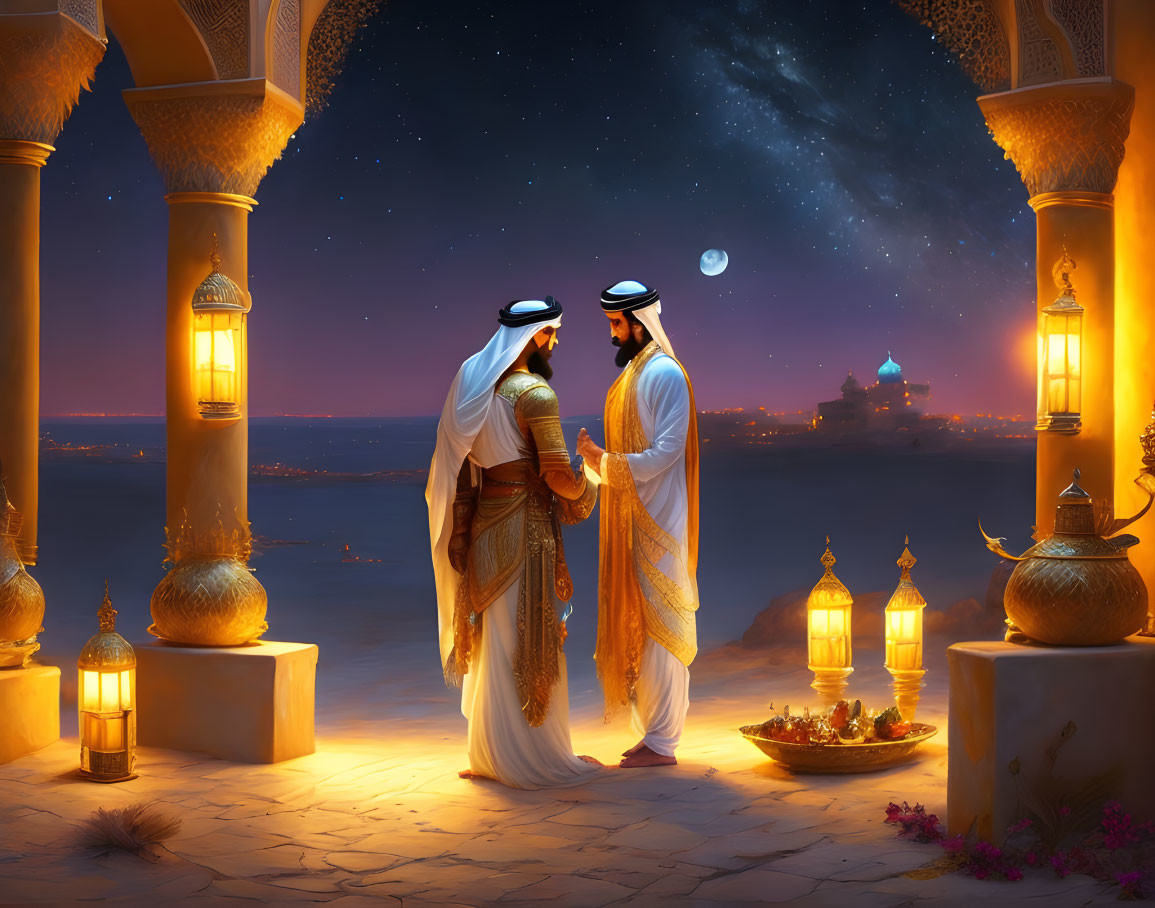 Traditional Middle Eastern attire couple on balcony overlooking desert landscape at night