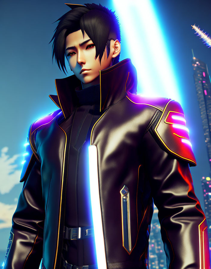 Stylized 3D male character in futuristic attire against vibrant cityscape