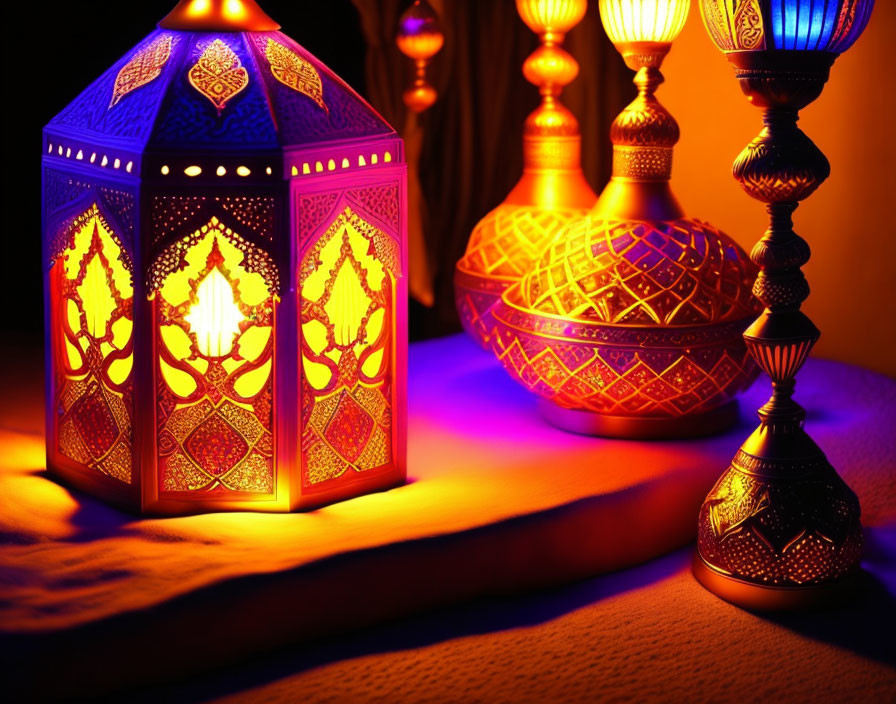 Traditional Moroccan lanterns create warm, colorful patterns in dimly lit room