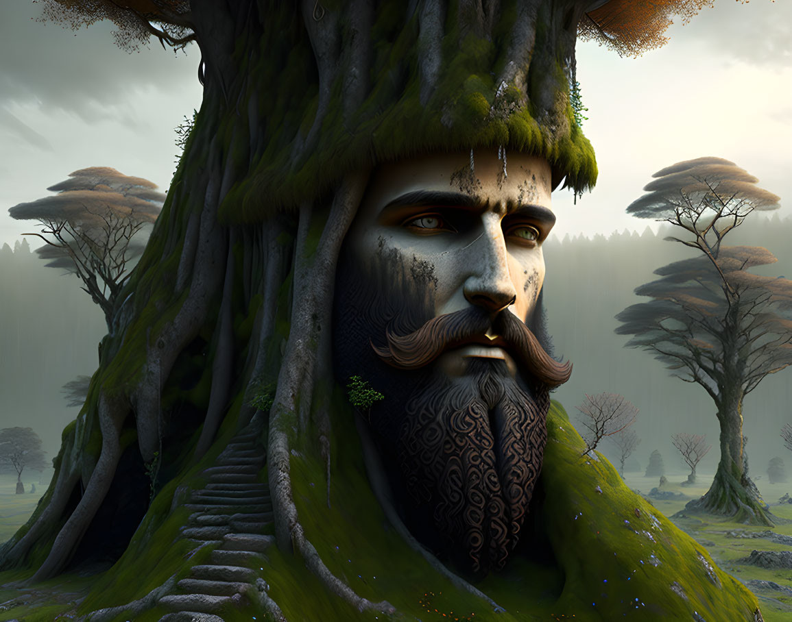 Male face with tree head and moss hair in nature landscape