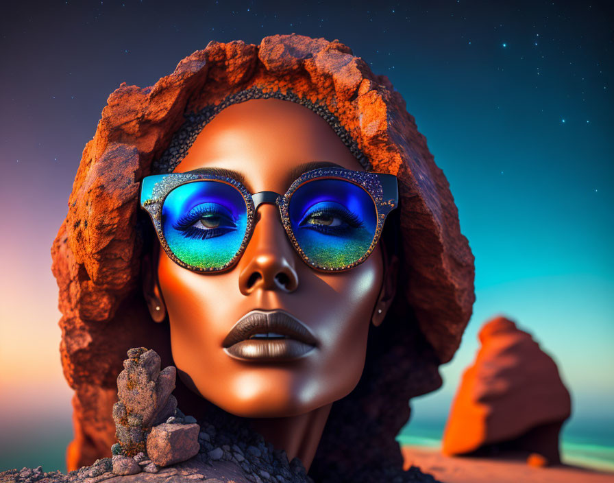 Digital artwork: Woman with reflective sunglasses in desert twilight.