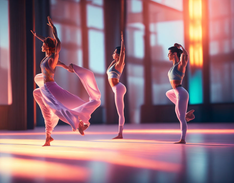 Three dancers perform graceful routine with flowing fabrics in sunlit studio