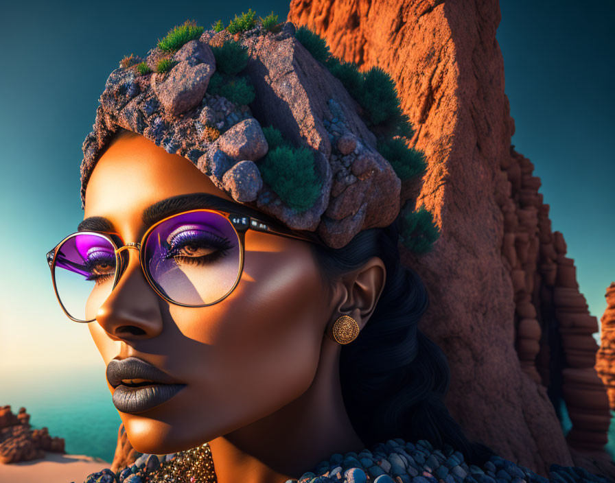 Woman with vibrant purple eyeshadow, glasses, rocks, flora, circular earrings in desert landscape