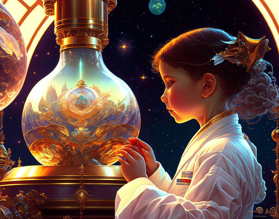 Young girl admires luminous mechanical structure in glass bulb under night sky