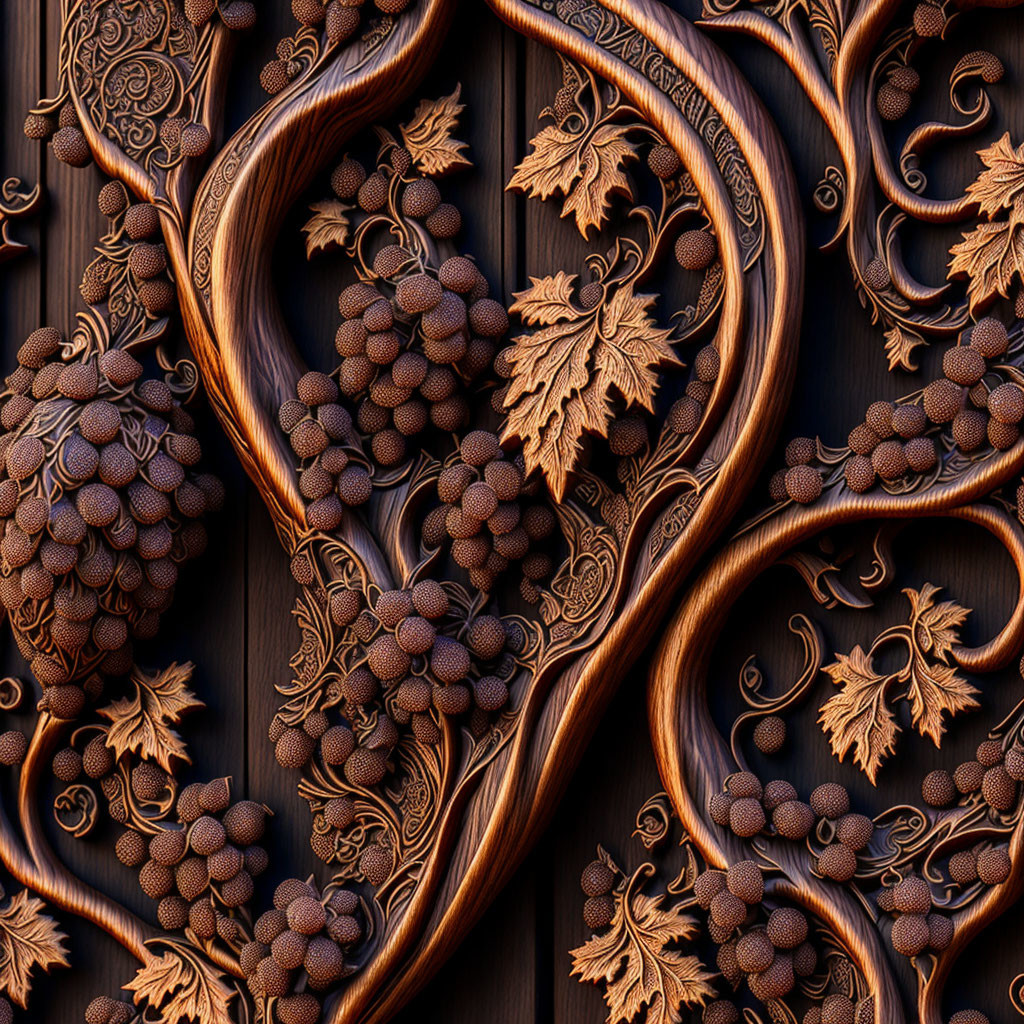 Wooden panel with grapevine motif and intricate carvings of grapes and leaves.