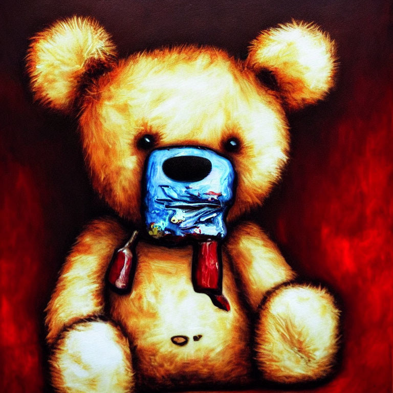 Sorrowful teddy bear painting with blue patch and red streak