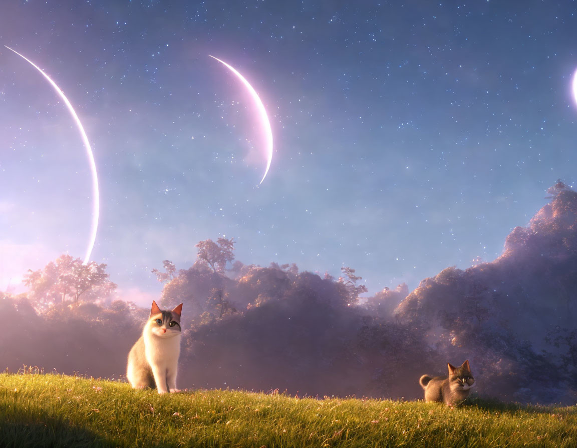 Two cats in grassy field under starry sky with crescent moons.