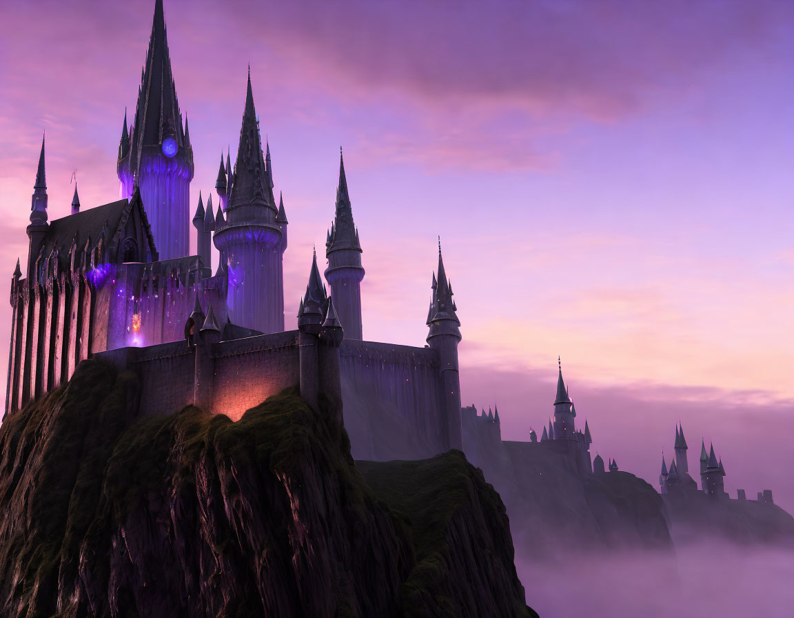 Fantastical castle on cliff with spires in purple twilight.